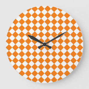 Orange White Chequered Diamond Pattern Large Clock