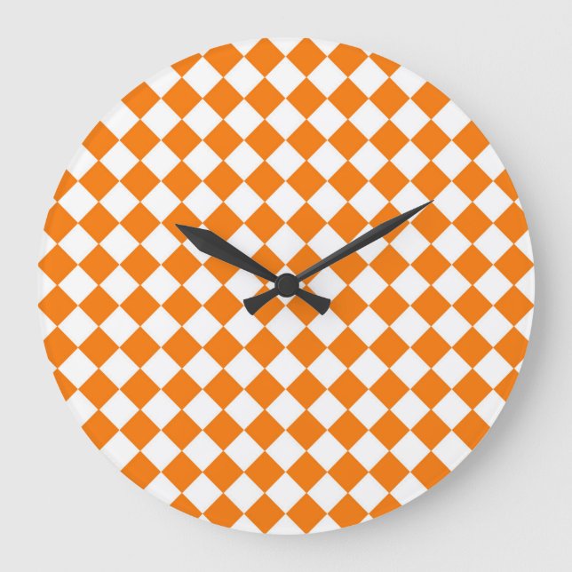 Orange White Chequered Diamond Pattern Large Clock (Front)