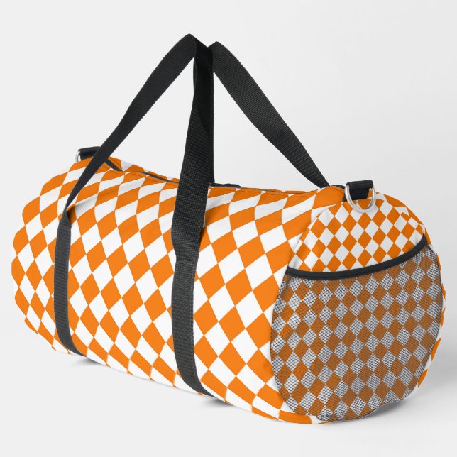 Orange White Chequered Diamond Pattern Large Duffle Bag (Right Corner)
