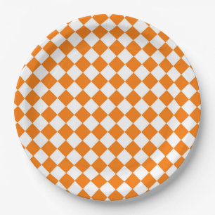 Orange White Chequered Diamond Pattern Paper Plate