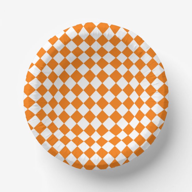 Orange White Chequered Diamond Pattern Paper Plate (Front)