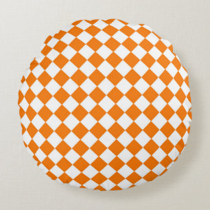 Orange White Chequered Diamond Pattern Round Cushion
