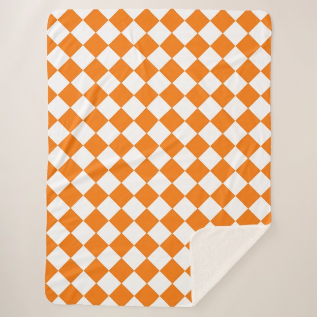 Orange White Chequered Diamond Pattern Sherpa Blanket (Front)