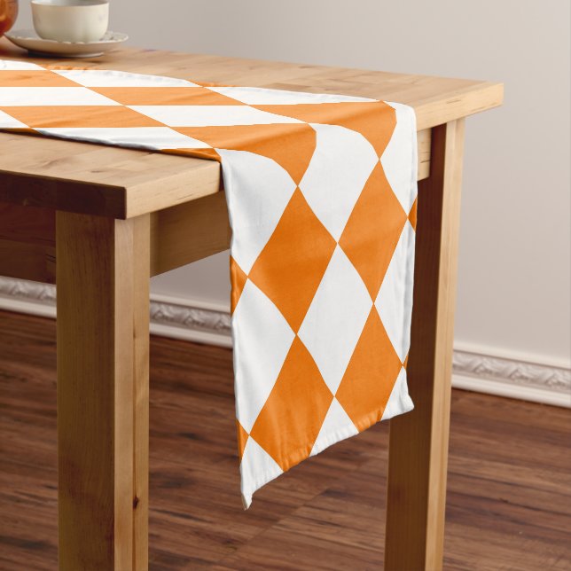 Orange White Chequered Diamond Pattern Short Table Runner (In Situ)