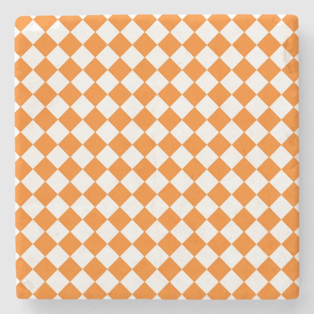 Orange White Chequered Diamond Pattern Stone Coaster (Front)