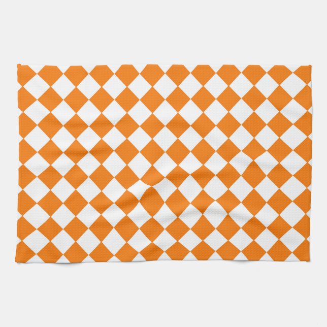 Orange White Chequered Diamond Pattern  Tea Towel (Horizontal)