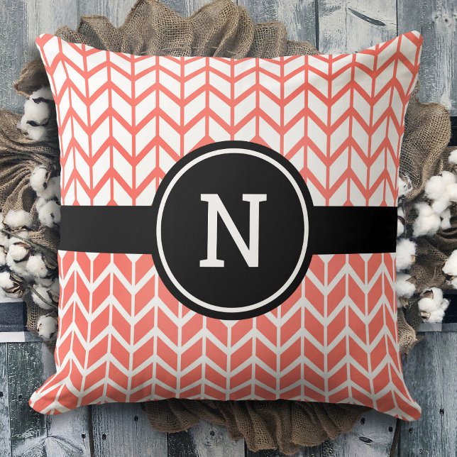 Orange White Chevron Pattern Monogram Bold Modern Cushion (Creator Uploaded)
