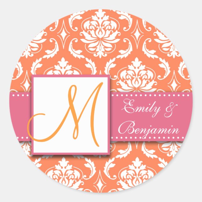 Orange White Damask Wedding Favour Sticker Pink (Front)