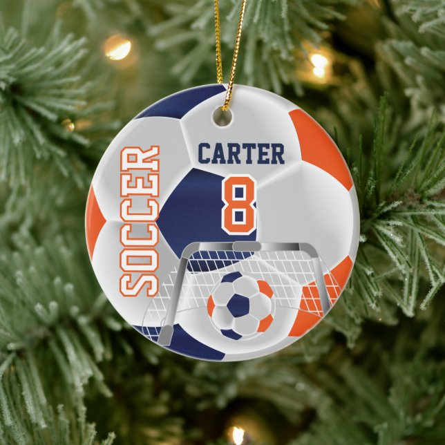 Orange, White & Dark Blue Personalize Soccer  ⚽ Ceramic Ornament (Tree)