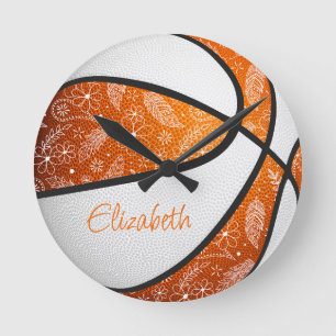 orange white feather paisley doodles basketball round clock