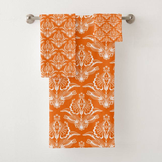 Orange & White Floral Art Deco Pattern Bath Towel Set (Insitu)
