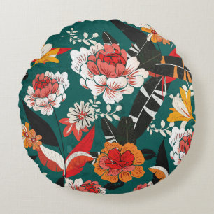 Orange-white floral: vintage seamless illustration round cushion