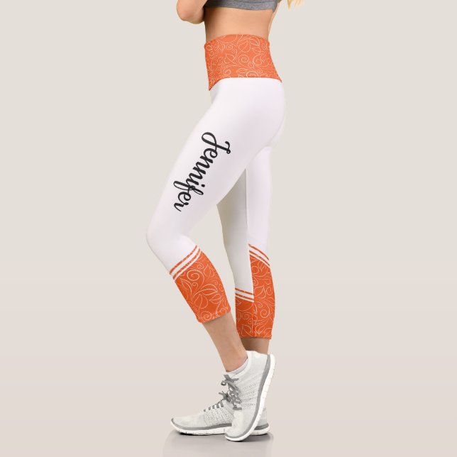 Orange & white floral white stripe and name modern capri leggings (Left)
