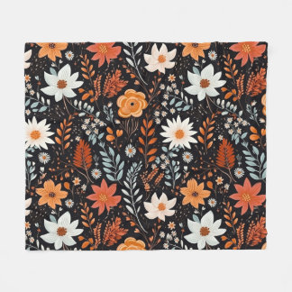Orange White Flowers Black Fleece Blanket