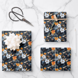 Orange & White Flowers on Marble Wrapping Paper Sheet