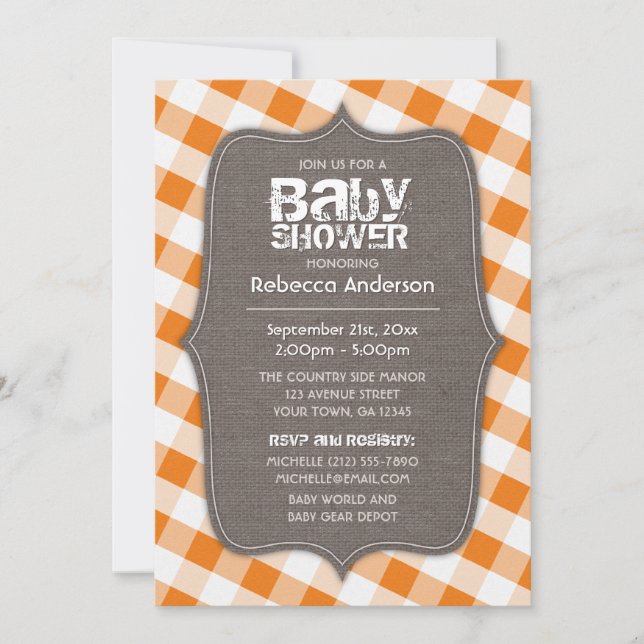 Orange & White Gingham Canvas Baby Shower Invitation (Front)