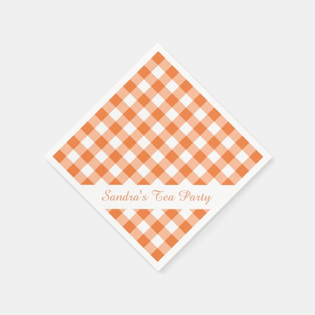 Orange White Gingham Pattern Personalised Party Napkin (Corner)