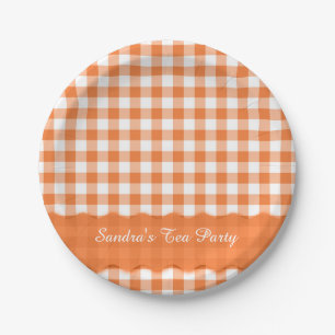 Orange White Gingham Pattern Personalised Party Paper Plate