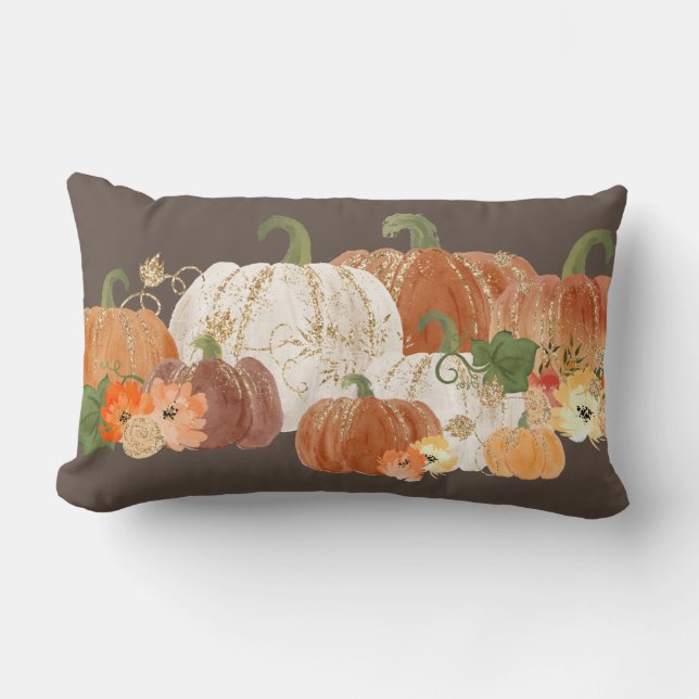 Orange White Gold Pumpkins Fall Autumn Country Lumbar Cushion (Front)