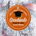 Orange White Graduate Custom 2025 Graduation Ceramic Ornament<br><div class="desc">This modern orange and white custom senior graduate Christmas ornament features your high school or college name for the class of 2025. Customise with your graduating year under the chic handwritten script and black grad cap for a great personalised graduation gift.</div>