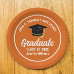 Orange White Graduate Custom 2025 Graduation Party Paper Plate<br><div class="desc">This modern orange and white custom graduation party paper plate features classy typography of your high school or college name for the class of 2025. Customise with your graduating year under the chic handwritten script and black grad cap for great personalised graduate decor.</div>