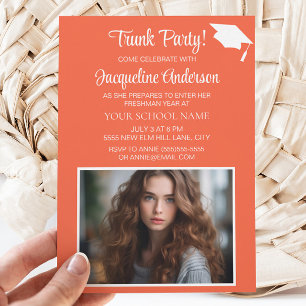 Orange White Graduation Cap Trunk Party Photo Invitation