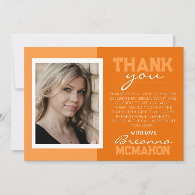Orange & White Graduation Photo Thank You Card (Front)