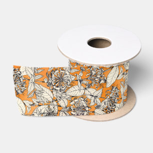 Orange White Graphic Flowers Pattern Satin Ribbon