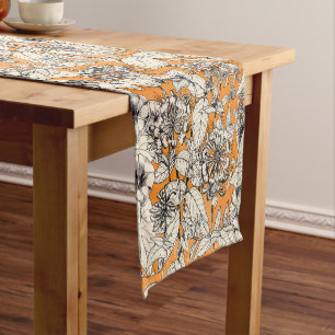 Orange White Graphic Flowers Pattern Short Table Runner