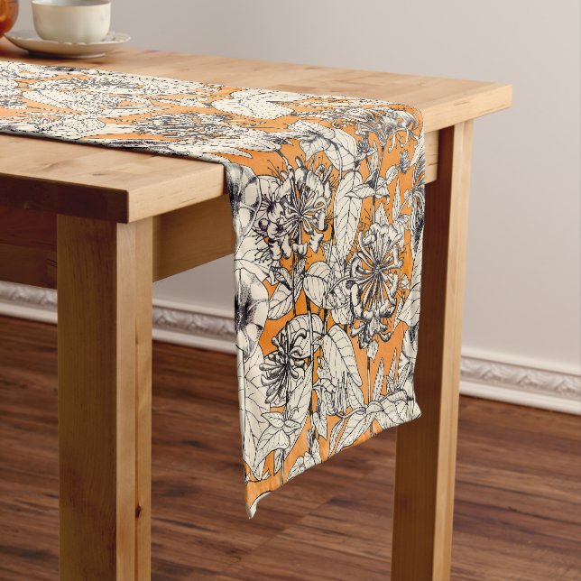 Orange White Graphic Flowers Pattern Short Table Runner (In Situ)