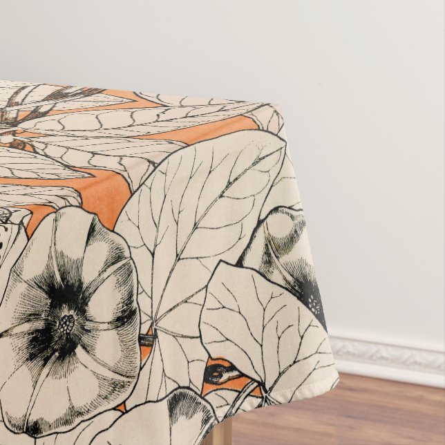 Orange White Graphic Flowers Pattern Tablecloth (In Situ)