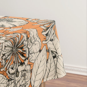 Orange White Graphic Flowers Pattern Tablecloth