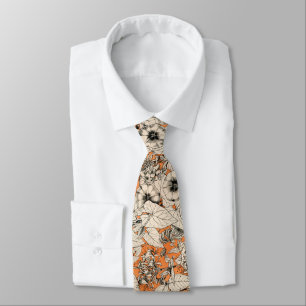 Orange White Graphic Flowers Pattern Tie
