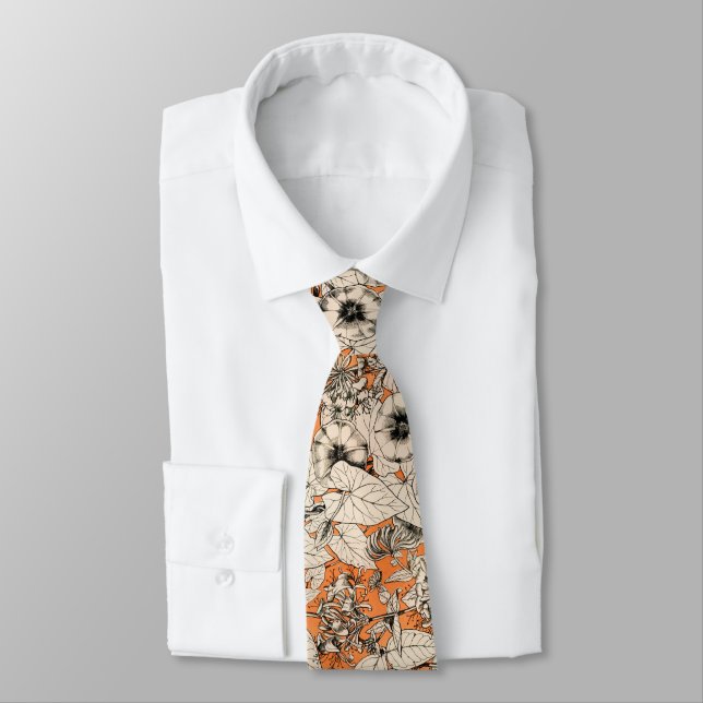 Orange White Graphic Flowers Pattern Tie (Tied)