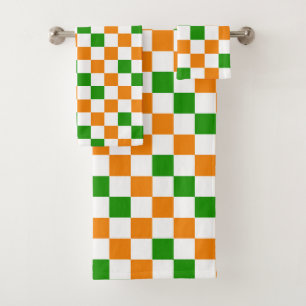 Orange White Green Chequered Pattern Design  Bath Towel Set
