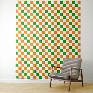 Orange White Green Chequered Pattern Design  Tapestry