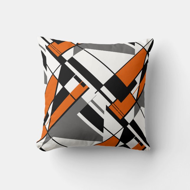 Orange White Grey Black Abstract Angular Art Motif Cushion (Front)