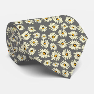 Orange white grey daisy flower pattern tie
