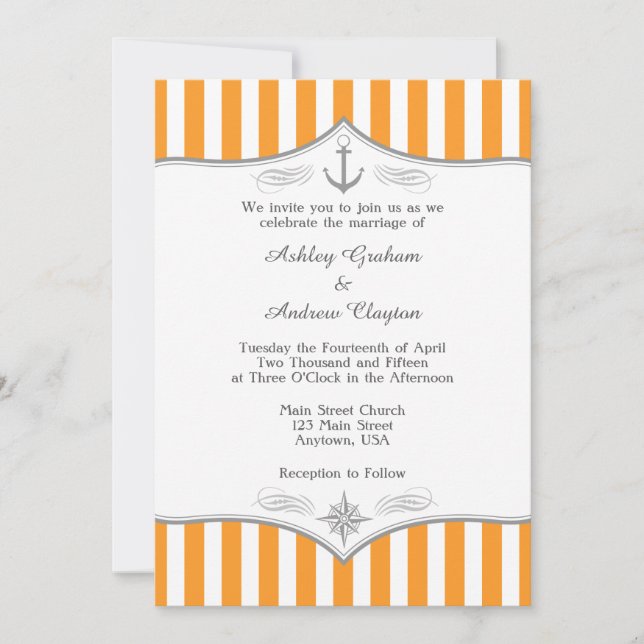 Orange White Grey Nautical Wedding Invitation (Front)