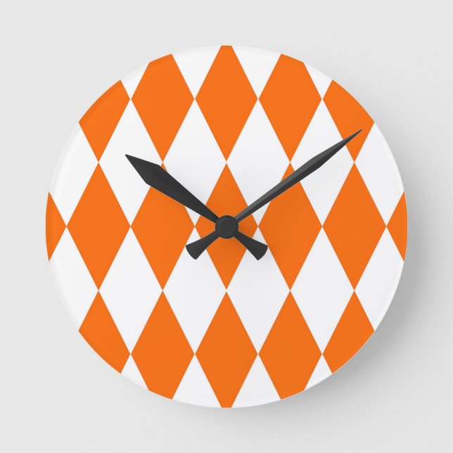 Orange White Harlequin Diamonds Checkers Design  Round Clock (Front)