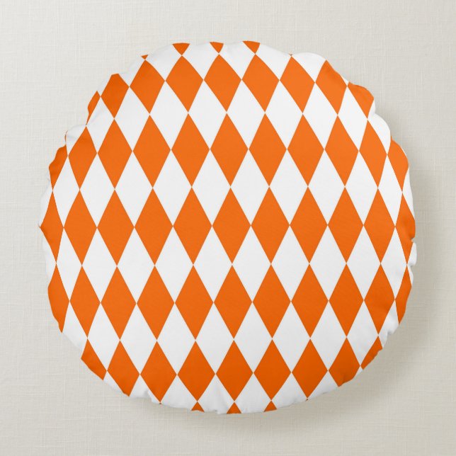Orange White Harlequin Diamonds Checkers Design  Round Cushion (Front)