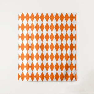 Orange White Harlequin Diamonds Checkers Design  Tapestry