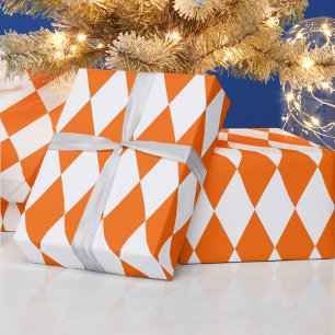 Orange White Harlequin Diamonds Checkers Design  Wrapping Paper