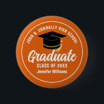 Orange White High School Graduate Custom Name Tag 6 Cm Round Badge<br><div class="desc">This modern orange and white custom senior graduate button features classy white typography of your high school or college name for the class of 2025. Customise with your graduating year under the chic black handwritten script and black grad cap for a great personalised graduation name tag for a party or...</div>