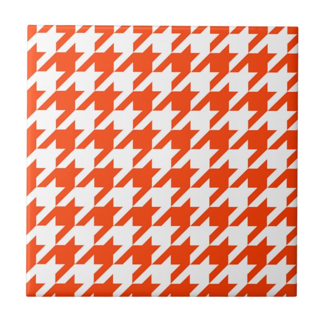 Orange White Houndstooth Check Ceramic Tile (Front)