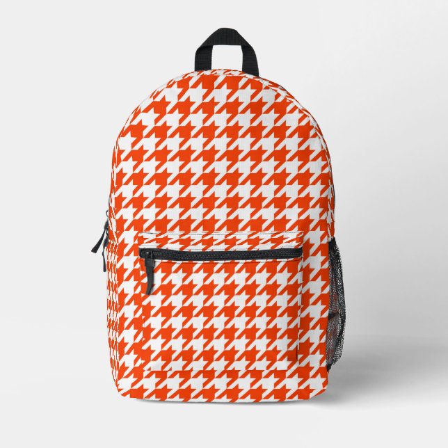 Orange White Houndstooth Check Printed Backpack (Front)