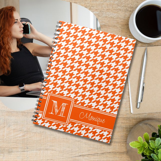 Orange White Houndstooth | Modern Monogram Notebook (Creator Uploaded)