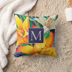 Orange White Lilies Floral Navy Blue Monogram Cushion