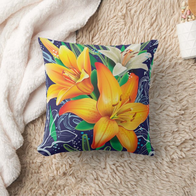 Orange White Lilies Floral Navy Blue Throw Pillow (Blanket)