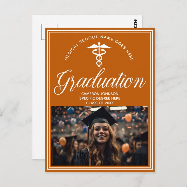 Orange White Medical School Photo Graduation Party Postcard (Front/Back)